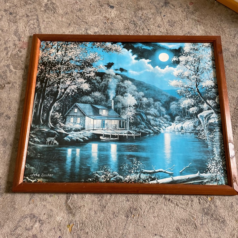 John Zaccheo Moonlight Cabin Lake Landscape Framed Art Print 21x17 Blue Night